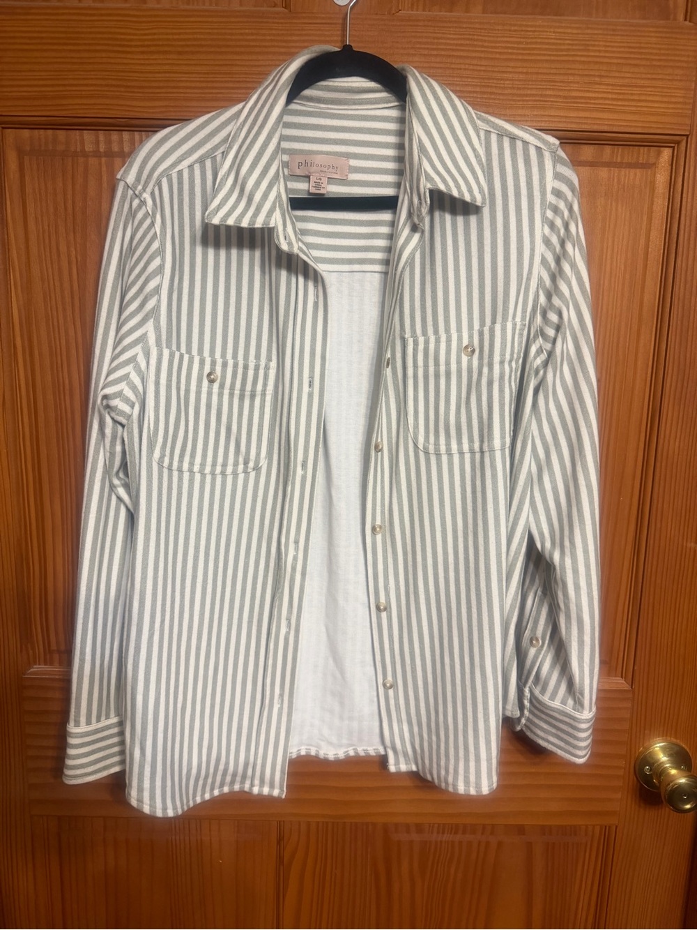 Philosophy Green and White Striped Button-Up Shacket Large